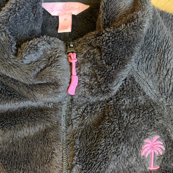 Lilly Pulitzer Black Maddie Fleece Jacket Pink Palm Logo Medium Zip Up SOFT - Picture 3 of 6
